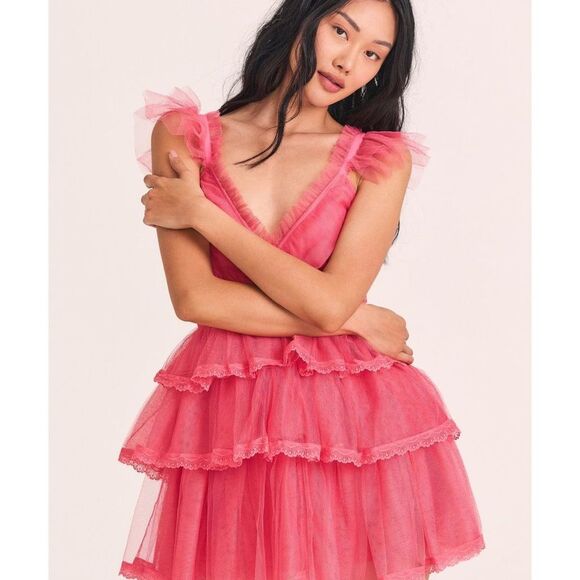 LoveShackFancy Dresses & Skirts - LoveShackfancy Pink Tulle Ruffled ZoRina Lace Trim Mesh Mesh Dress 00